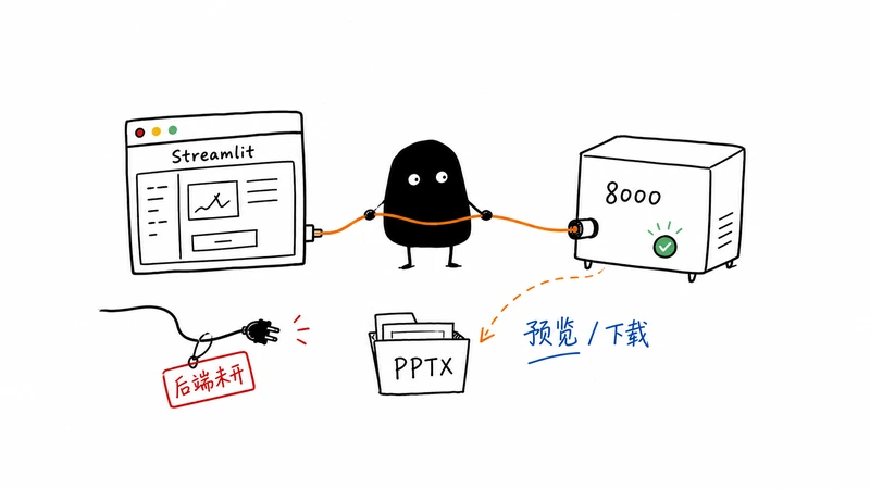 小黑连接 Streamlit 前端、8000 后端和 PPTX 下载结果