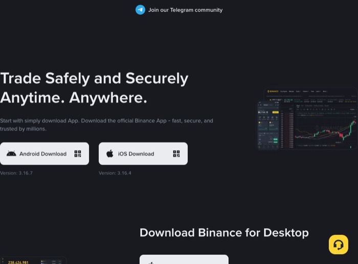 Binance 官方下载页显示 Android Download 和 iOS Download 按钮