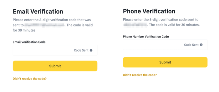 Binance 邮箱验证页面显示 6 位验证码输入框和 Submit 按钮