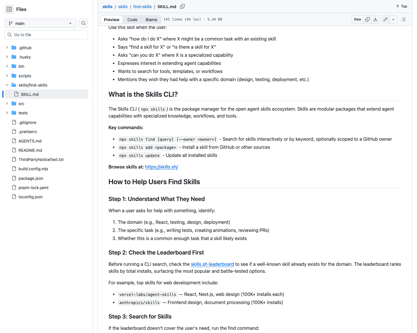 vercel-labs skills 仓库 find-skills 的 SKILL.md 页面,展示 find、add、update 等关键命令