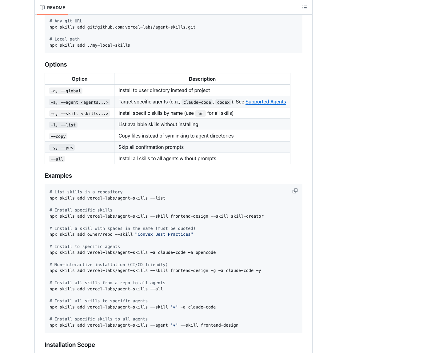 vercel-labs skills README 展示 Options 和 Examples 参数,包括 agent、skill、global 和 yes
