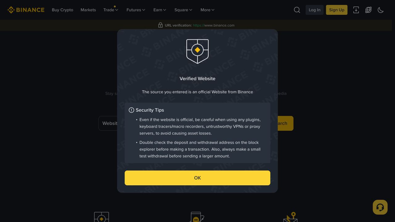 Binance Verify 显示 www.binance.com 为已验证官方网站