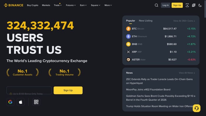 Binance 英文首页右上角显示地球语言图标