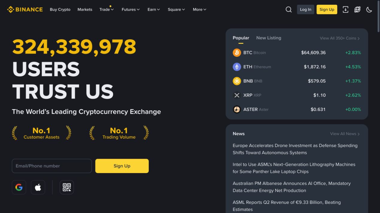Binance 官方首页顶部品牌标识、导航与注册入口