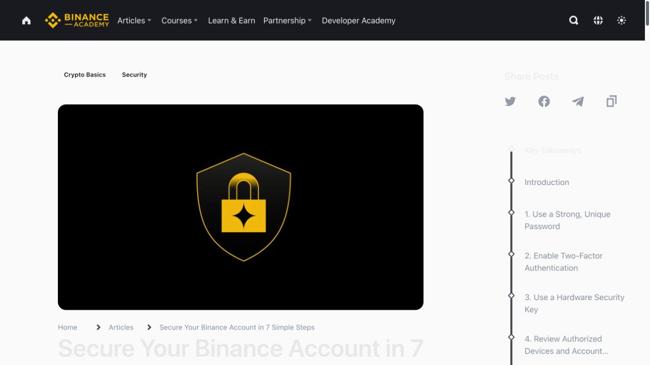 Binance Academy 账户安全指南页面的锁形主视觉与七步目录