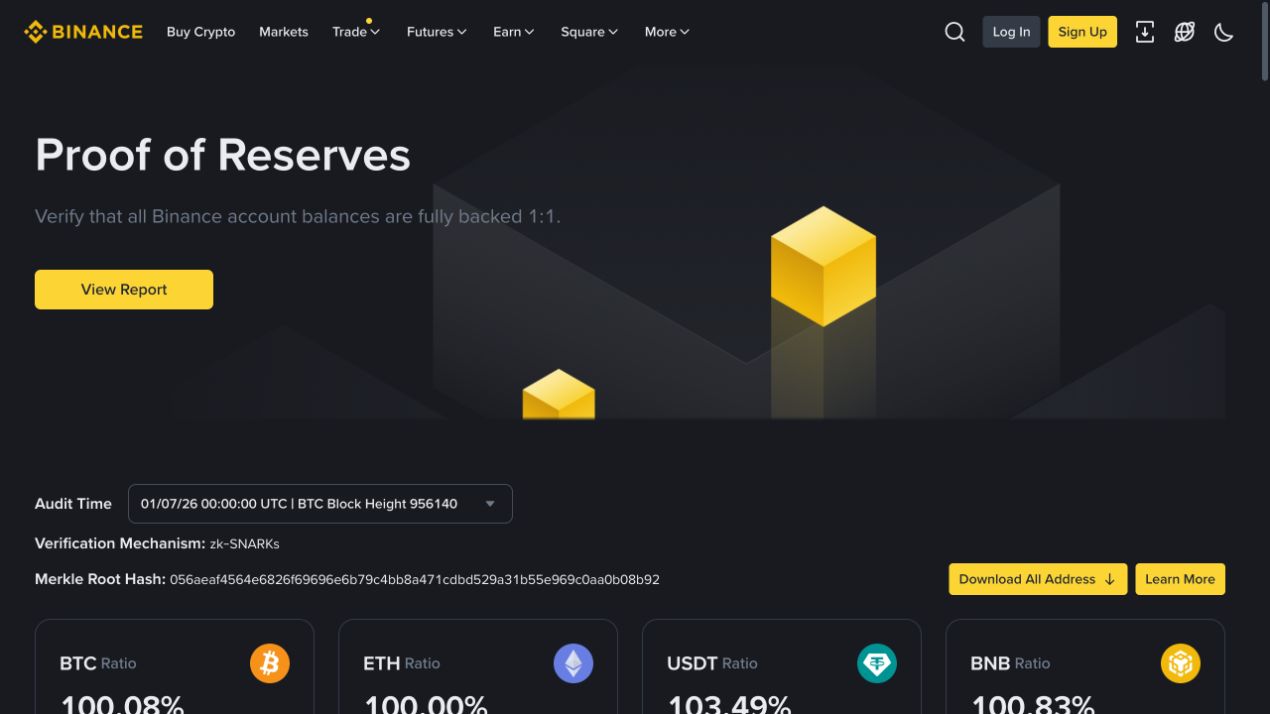 Binance Proof of Reserves 页面展示审计时间验证机制和资产比例