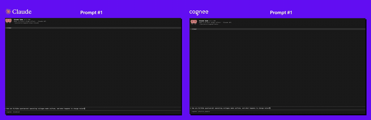 Cognee 官方演示动图，对比 Claude 首次提问与接入 Cognee 记忆后的会话效果