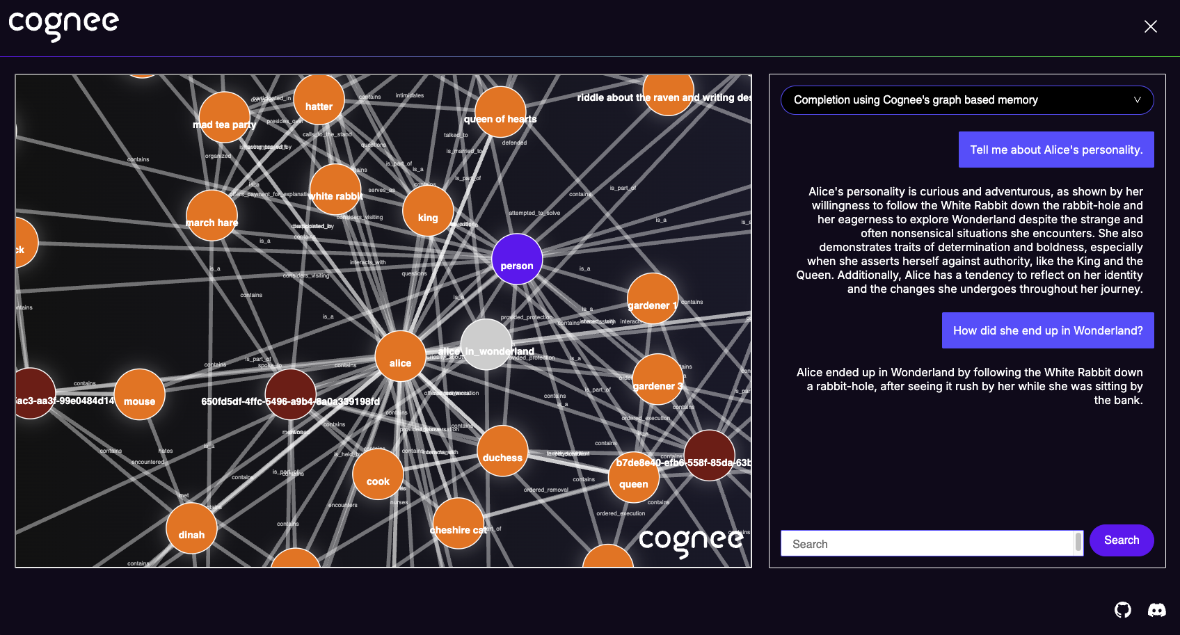 Cognee 官方知识图谱界面，左侧显示实体关系，右侧显示基于图记忆的连续问答