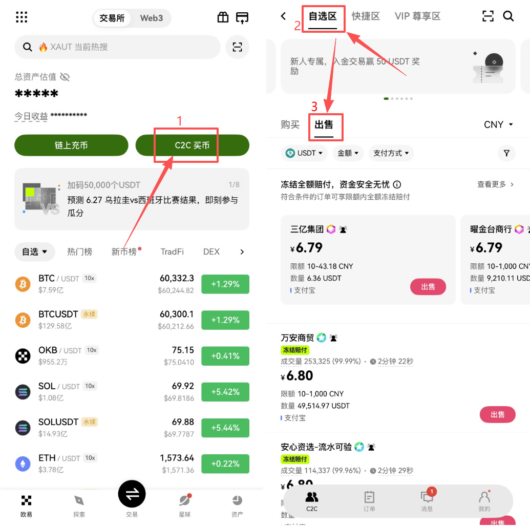 第一步:进入C2C交易并切换模式