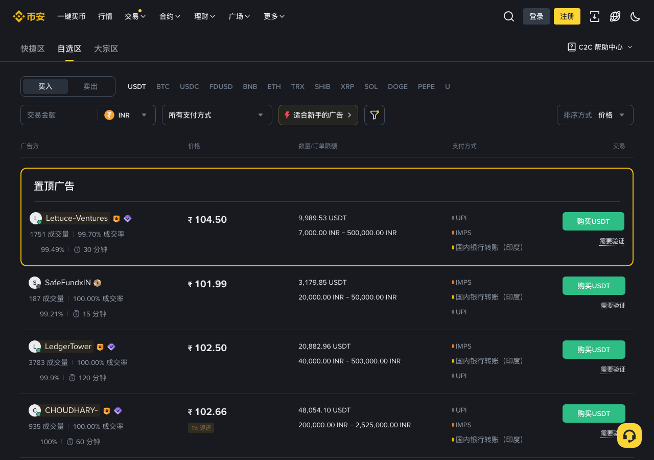 币安 P2P 官网页面显示零交易费和多种支付方式