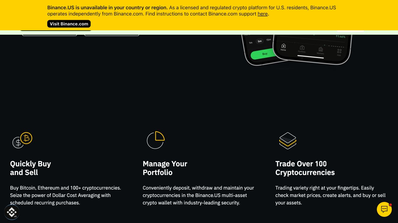 Binance.US 官网关于美国居民服务与独立运营的提示