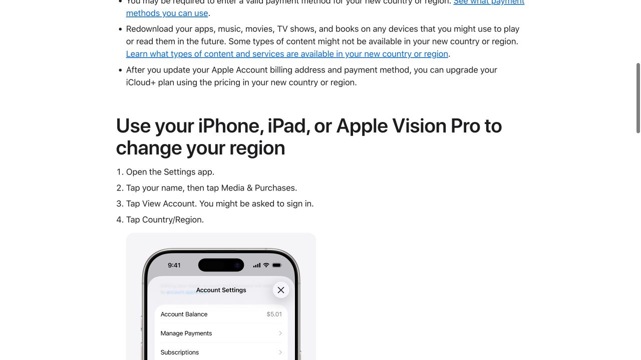 Apple 官方支持页中的账户国家或地区设置路径