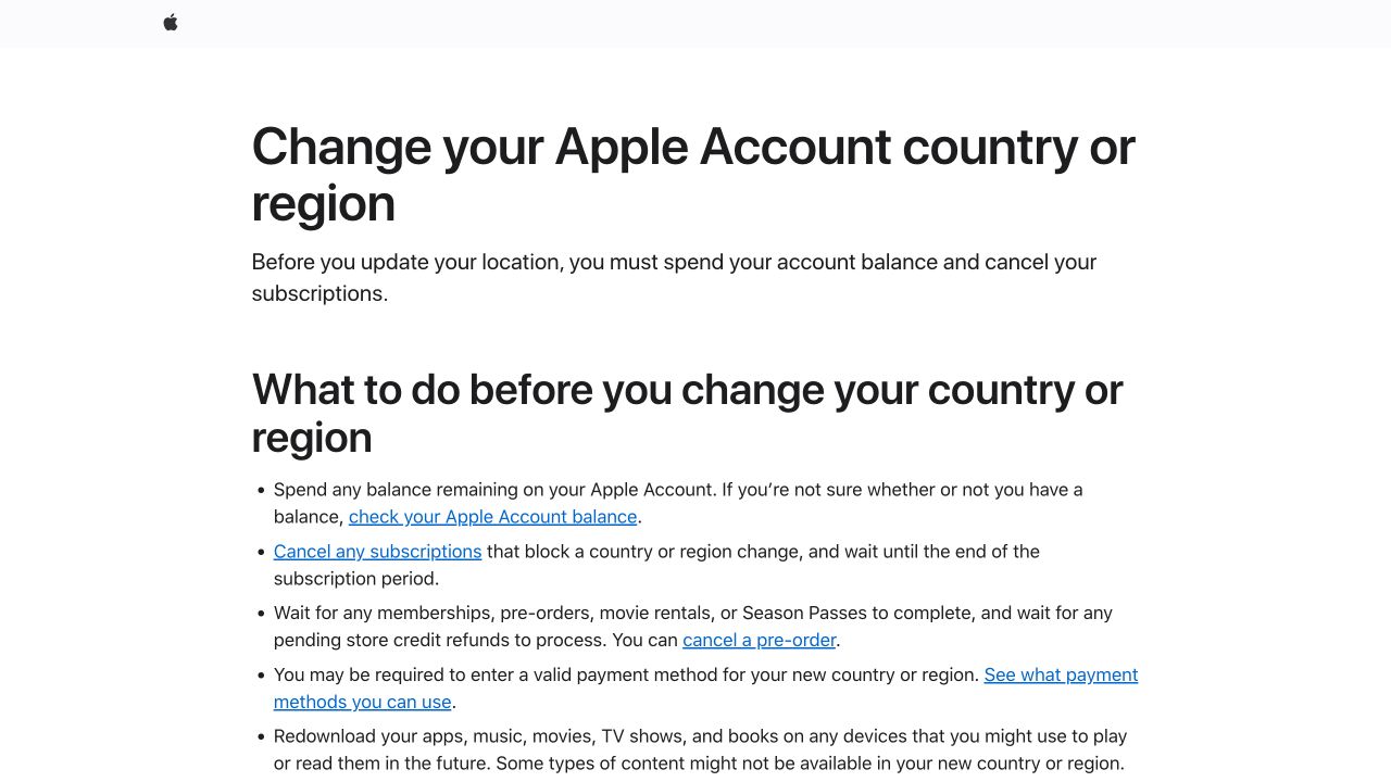 Apple 官方支持页列出的账户地区变更前提