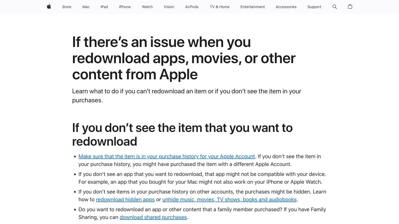 Apple 官方支持页列出的应用无法重新下载原因