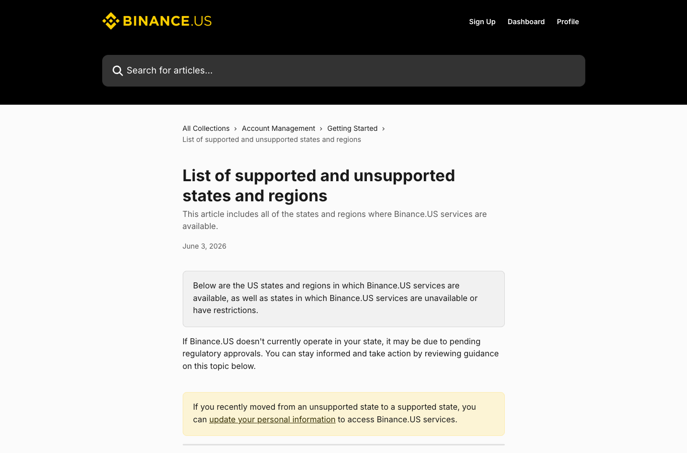 Binance.US 支持州和地区官方帮助中心截图,展示 supported and unsupported states and regions 页面