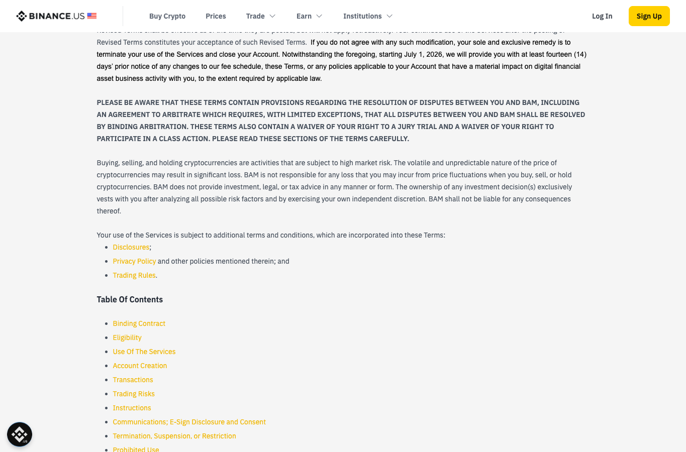 Binance.US Terms of Use 页面截图,展示 Restricted States 与服务规则相关段落