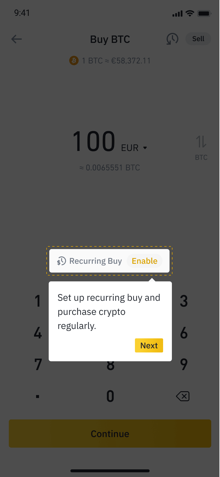 币安官方 App 定投启用截图,展示 Buy BTC 页面里的 Recurring Buy Enable 提示