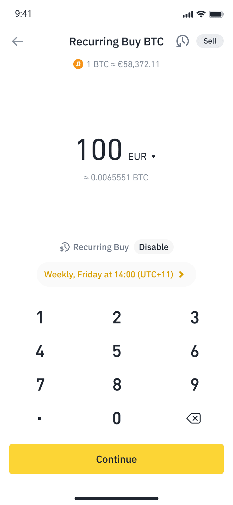 币安官方 Recurring Buy 设置结果截图,展示每周定投周期、金额和继续按钮