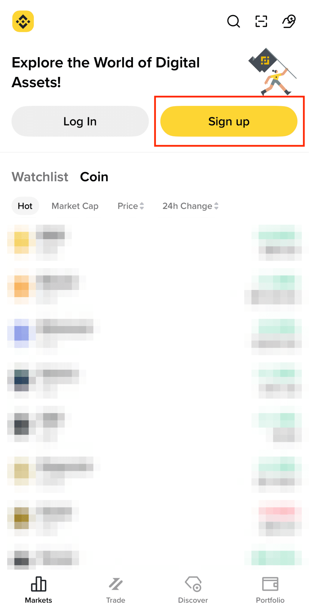 Binance App首页显示登录和注册入口