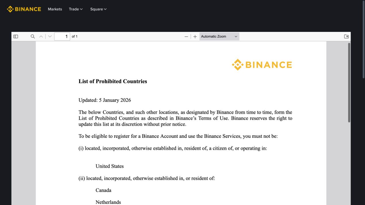 Binance禁止国家和地区官方列表页面