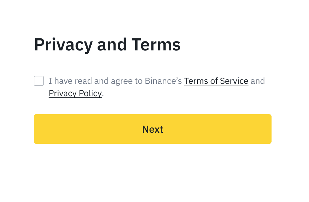 Binance网页注册条款与隐私政策复选框