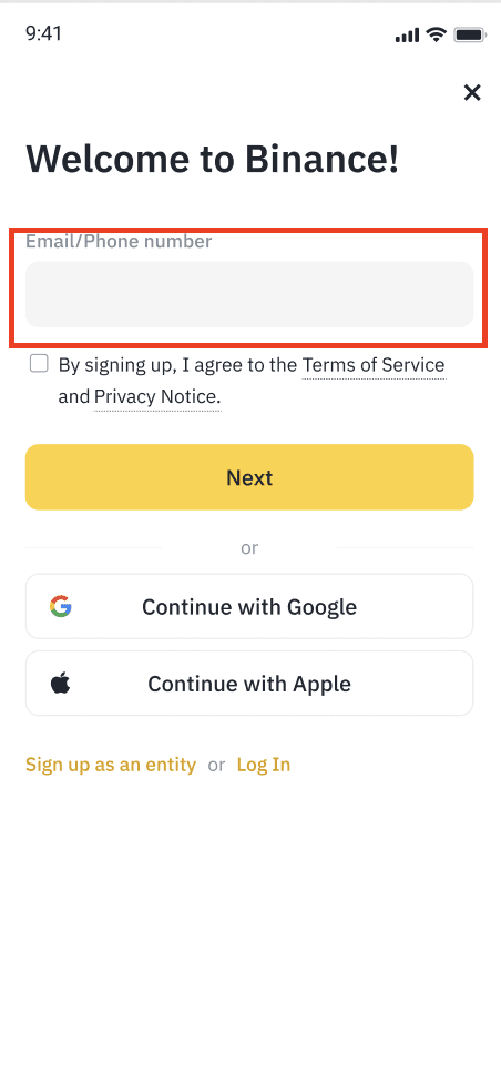 币安 iPhone Welcome to Binance 页面中的邮箱或手机号输入框和 Next 按钮