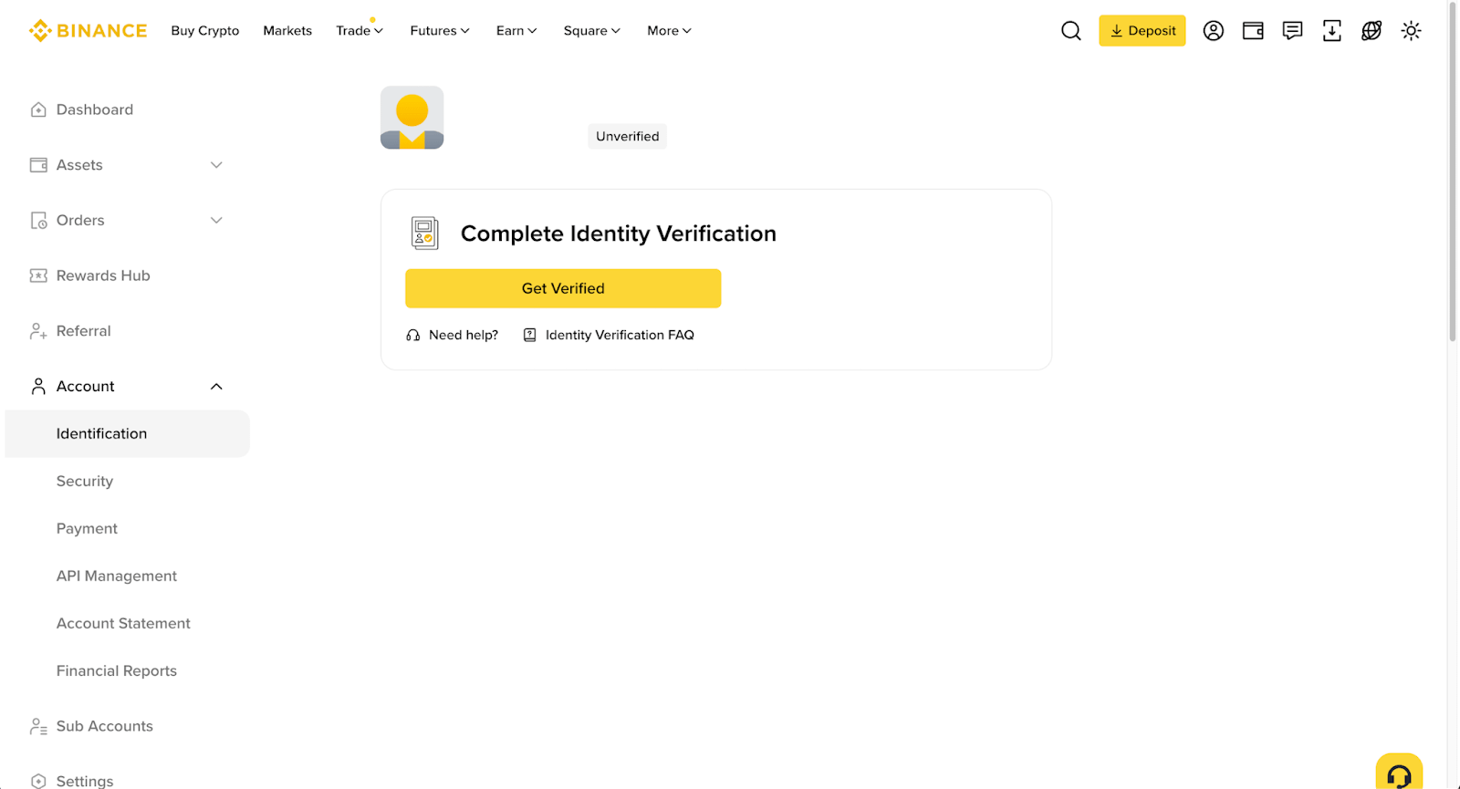 Binance网页版Identification身份认证入口