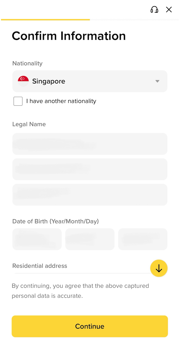 Binance App确认国籍Legal Name和出生日期页面