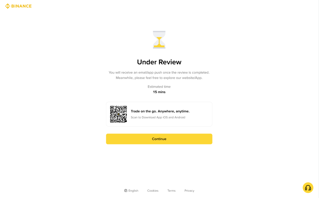 Binance提交身份资料后的Under Reviewed页面