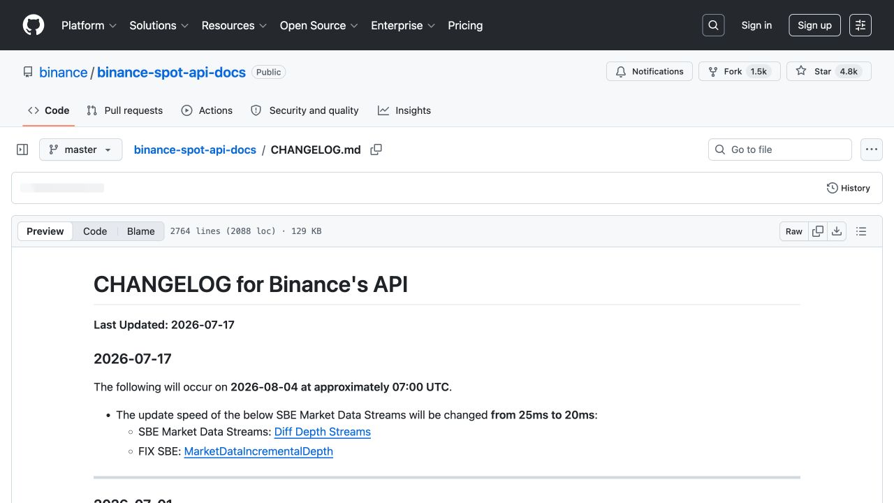 币安现货 API 更新记录