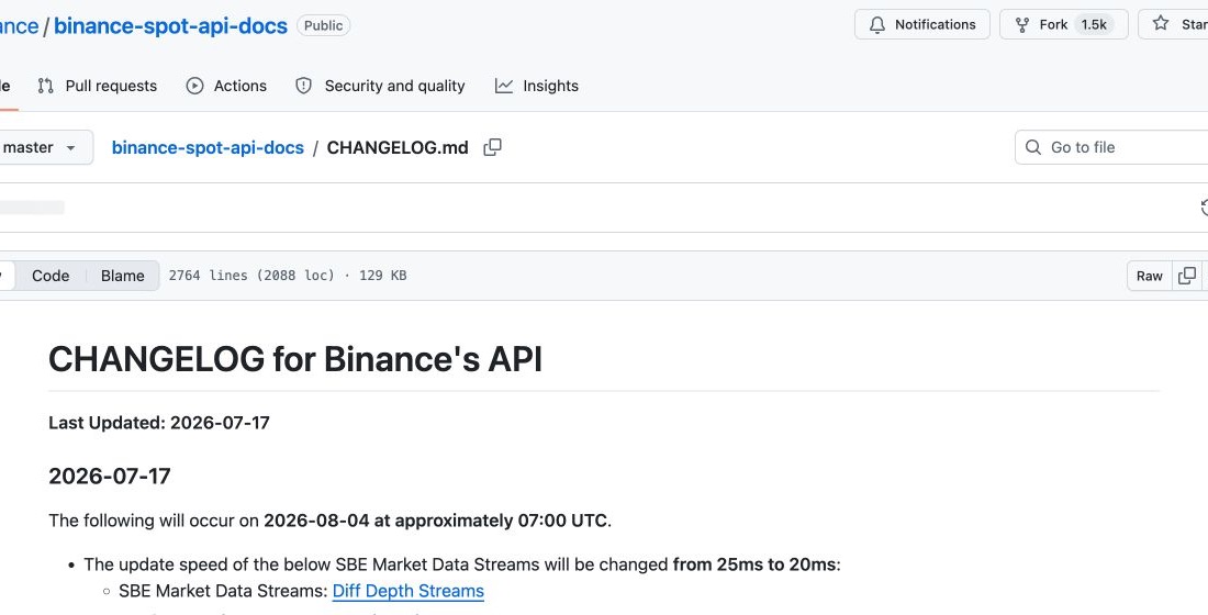 币安现货 API 变更记录页面