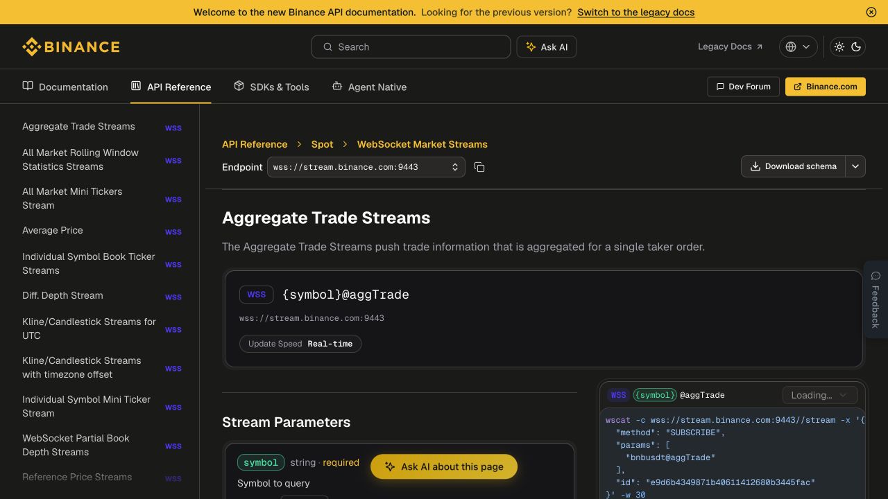币安现货 WebSocket Market Streams 页面