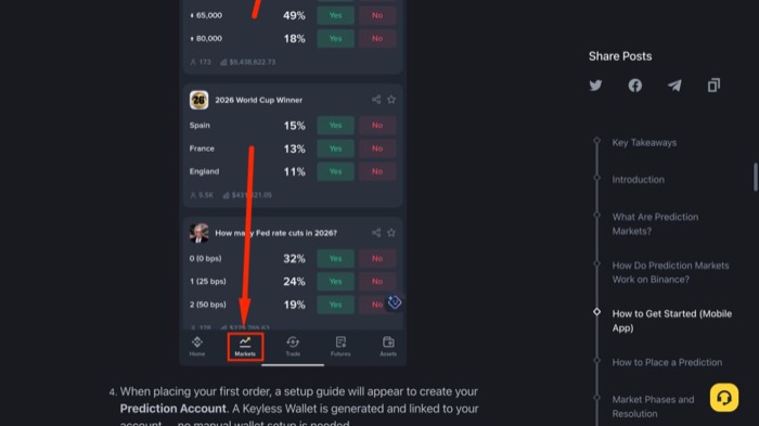币安App底部Markets与顶部Prediction入口位置