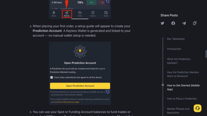 币安App首次使用预测市场的Prediction Account页面
