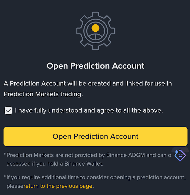 币安App开通Prediction Account确认界面