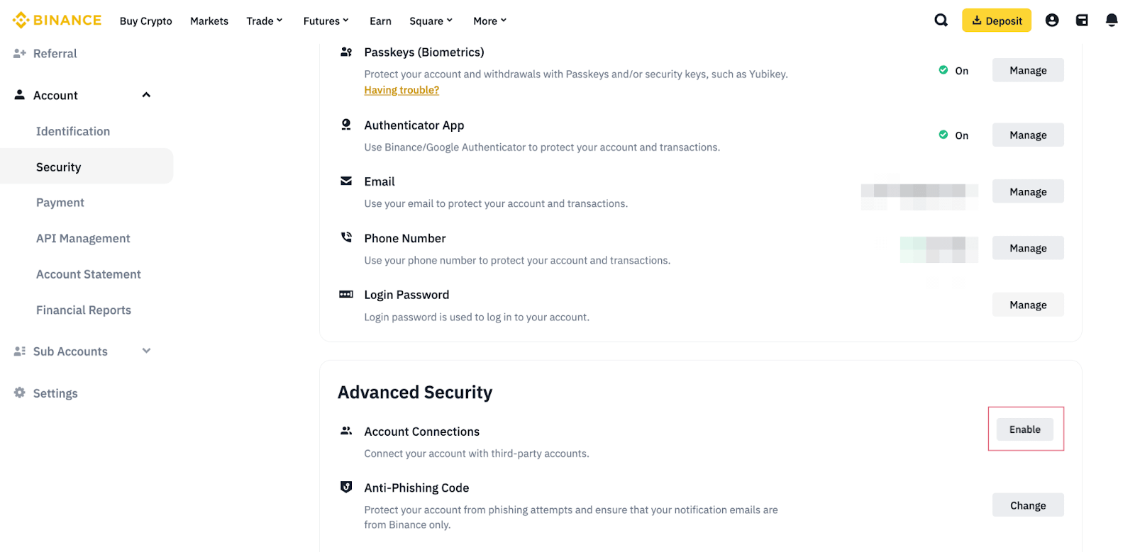 币安账户安全页中的Advanced Security与Anti-Phishing Code入口