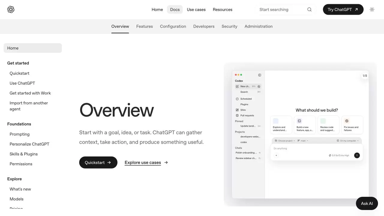 OpenAI 官方文档展示 ChatGPT 桌面应用中的 Codex 工作界面