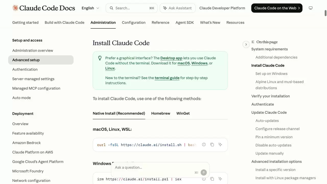 Anthropic Claude Code 官方安装页，Native Install标签下显示macOS安装命令curl -fsSL https://claude.ai/install.sh竖线bash