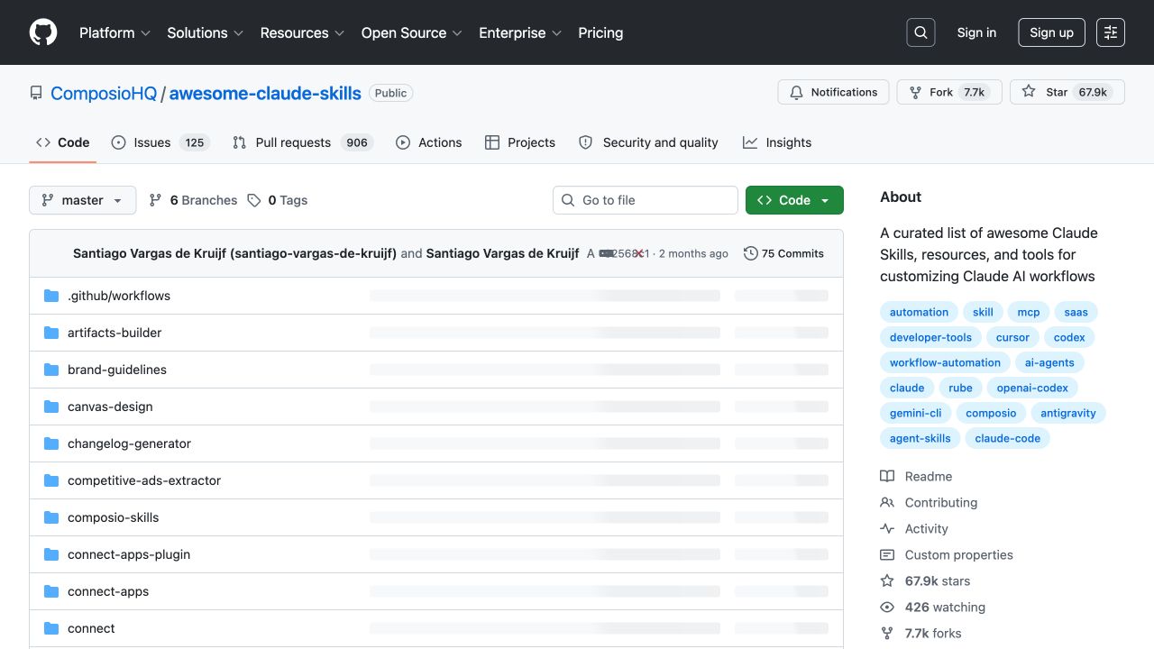GitHub 上 ComposioHQ/awesome-claude-skills 主仓库的名称、分支和目录列表