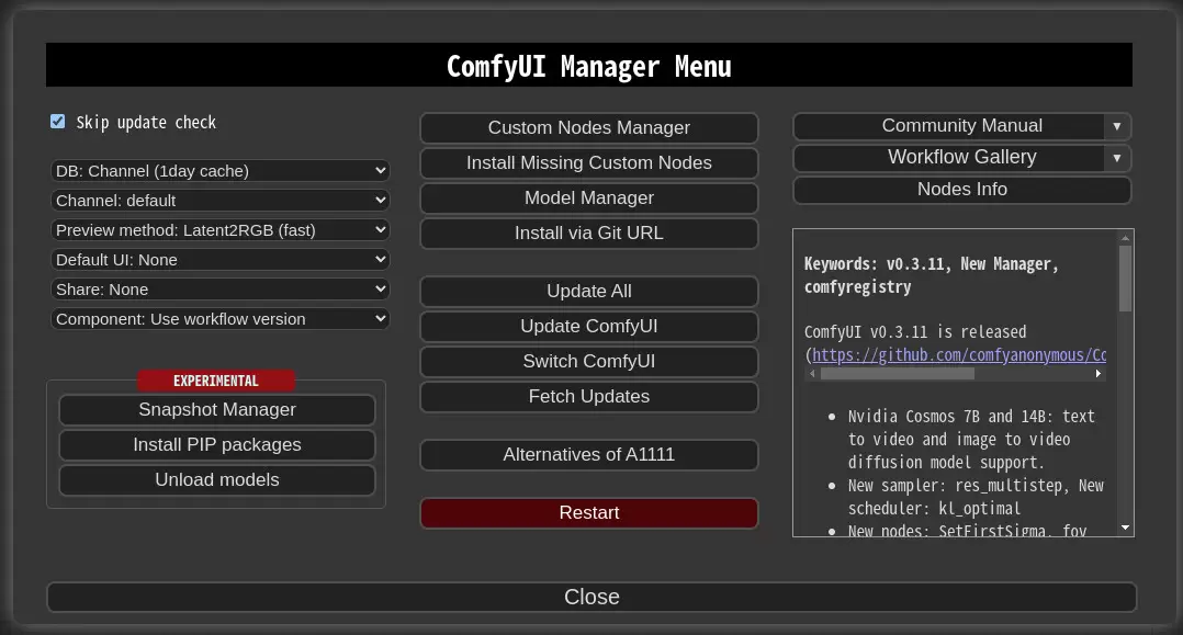 ComfyUI Manager Menu 对话框，显示 Custom Nodes Manager、Model Manager 和 Restart 等按钮