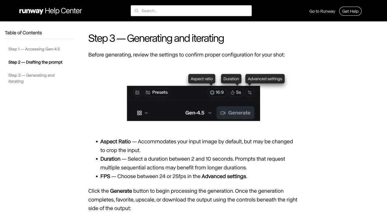 Runway Gen-4.5 生成设置中的画面比例、时长和高级设置入口