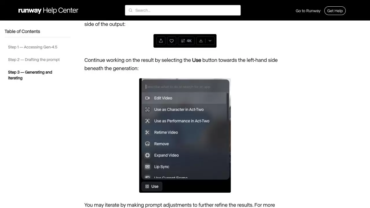 Runway 生成结果下方的 Use 菜单，包含继续编辑、角色使用和口型等操作