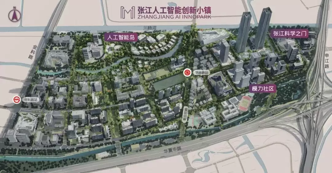 小镇规划覆盖范围 张江人工智能创新小镇的覆盖范围规划图,展现围绕科学之门等核心区域的15分钟理想生活圈。