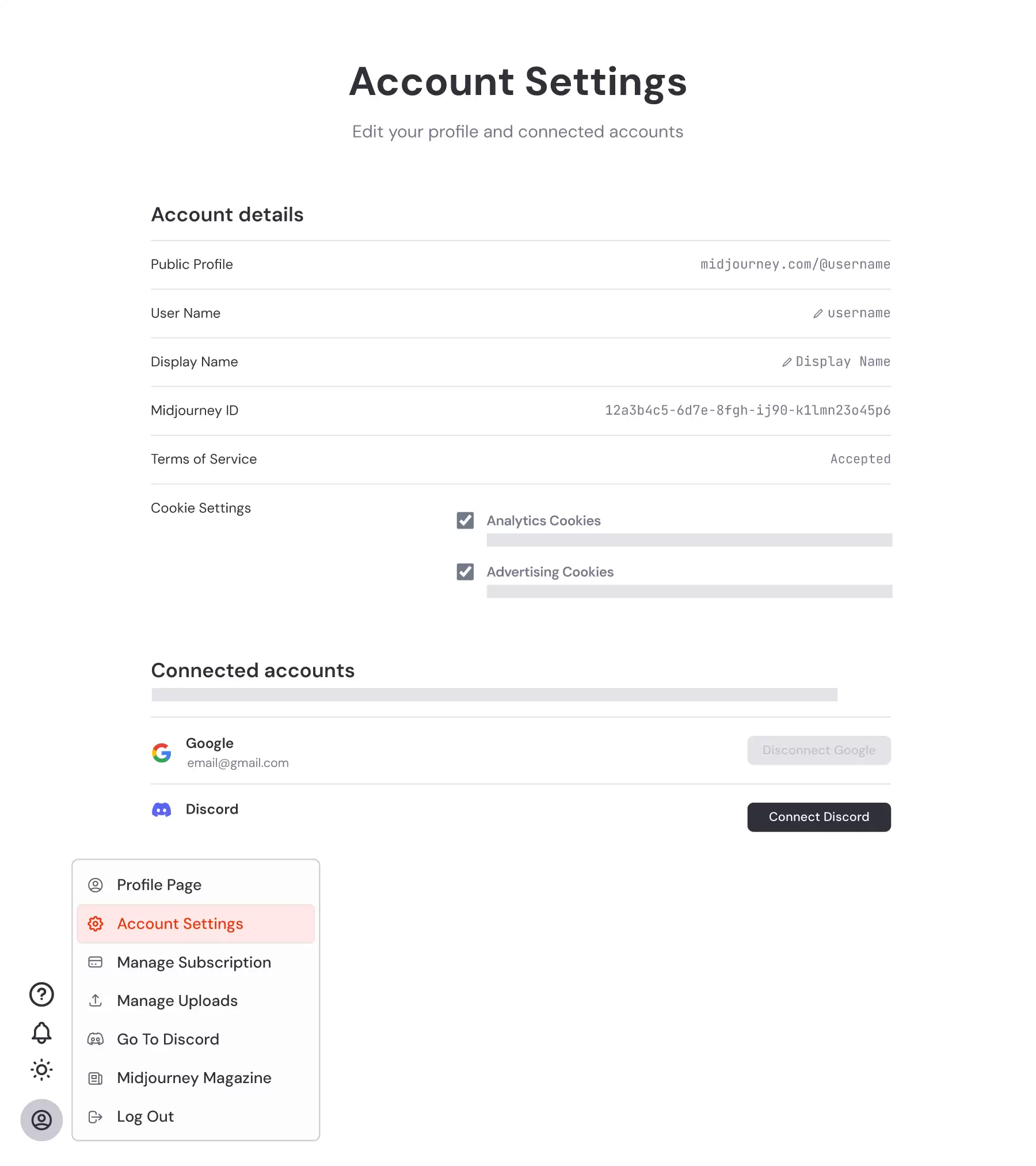 Midjourney Account Settings 页面下方的 Connected accounts 区域显示 Connect Discord 按钮