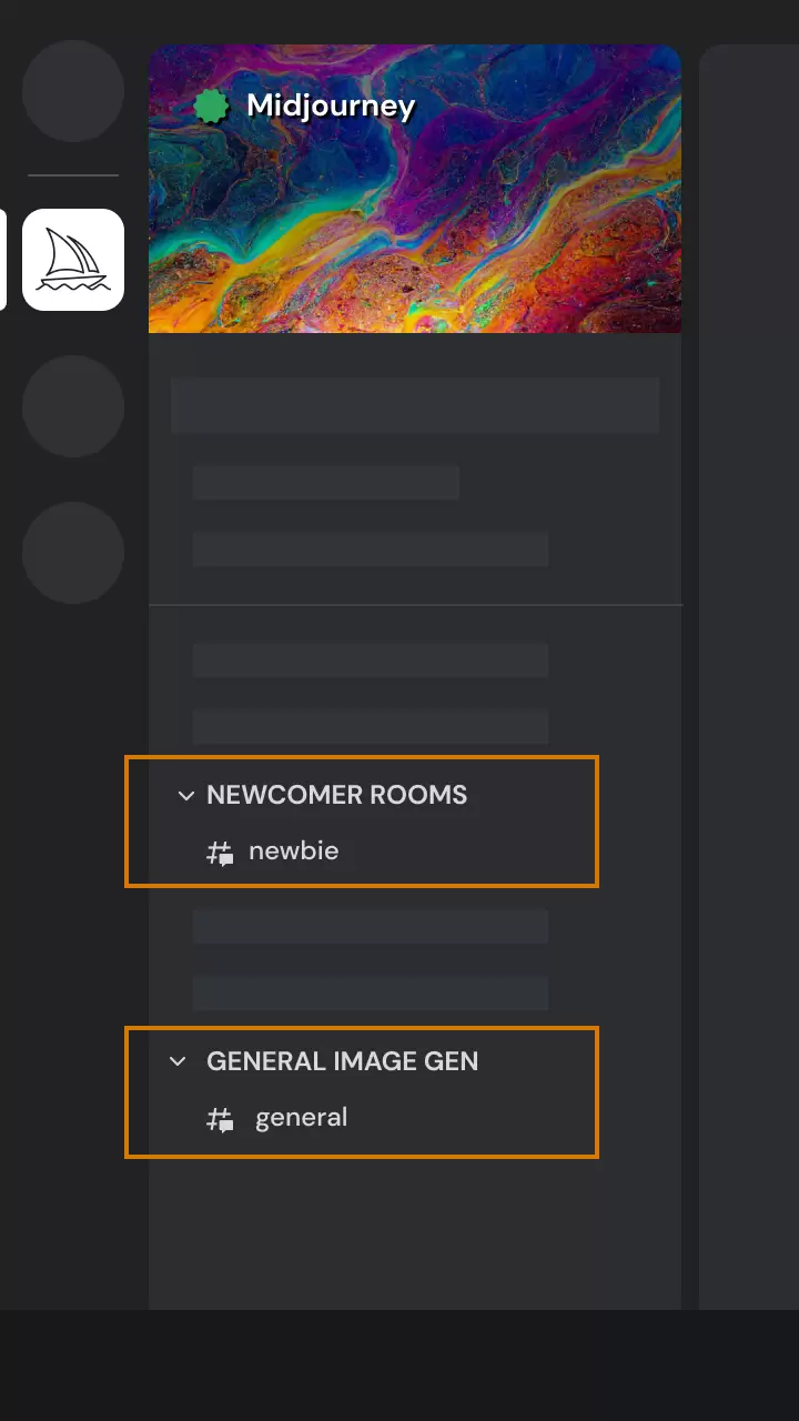 Midjourney Discord 服务器左侧频道列表标出 NEWCOMER ROOMS 的 newbie 和 GENERAL IMAGE GEN 的 general 频道