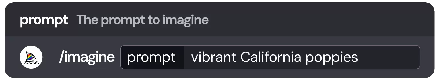 Discord 的 /imagine 命令展开 prompt 输入框，示例内容为 vibrant California poppies