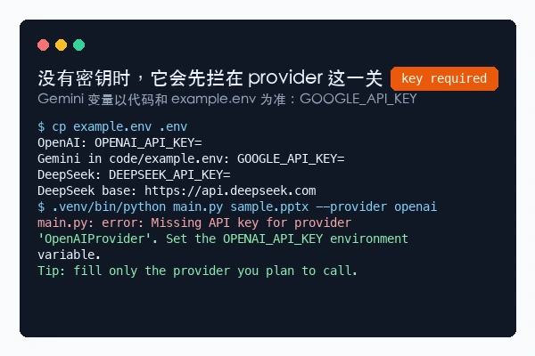 ppt-translator 缺少 OPENAI_API_KEY 时 CLI 提示 Missing API key