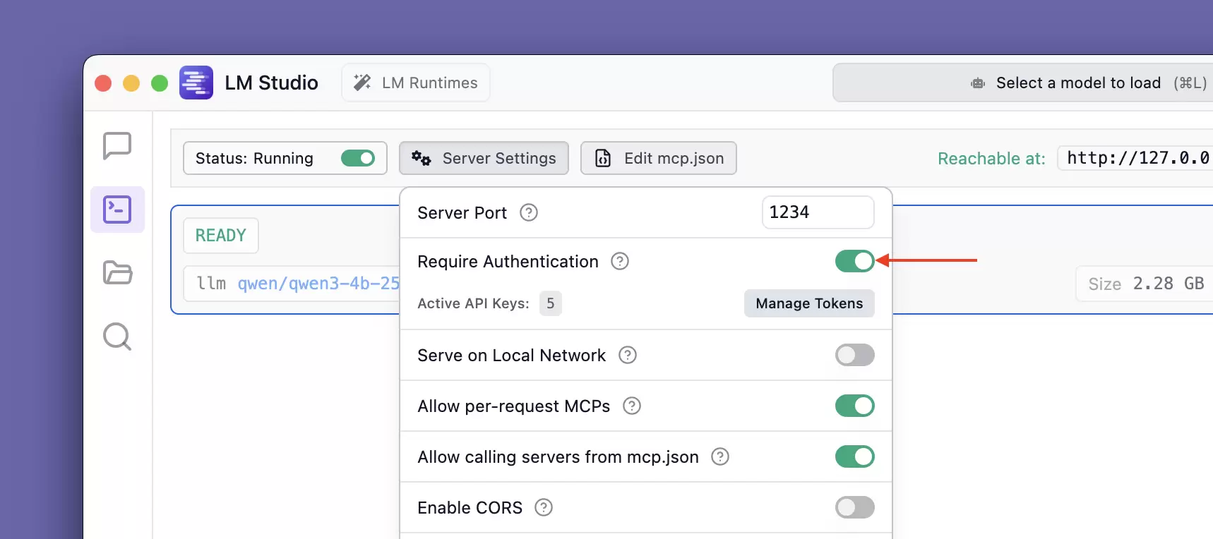 LM Studio Server Settings 中开启 Require Authentication 的开关