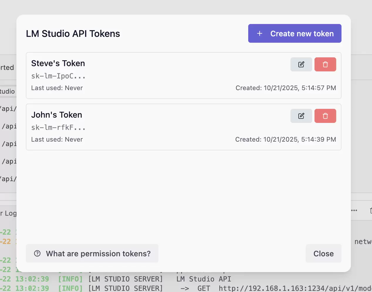 LM Studio API Tokens 管理窗口显示创建和管理多个令牌的入口