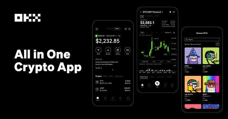 OKX 官方 iOS App 下载说明配图，展示欧易 App 在手机端使用场景